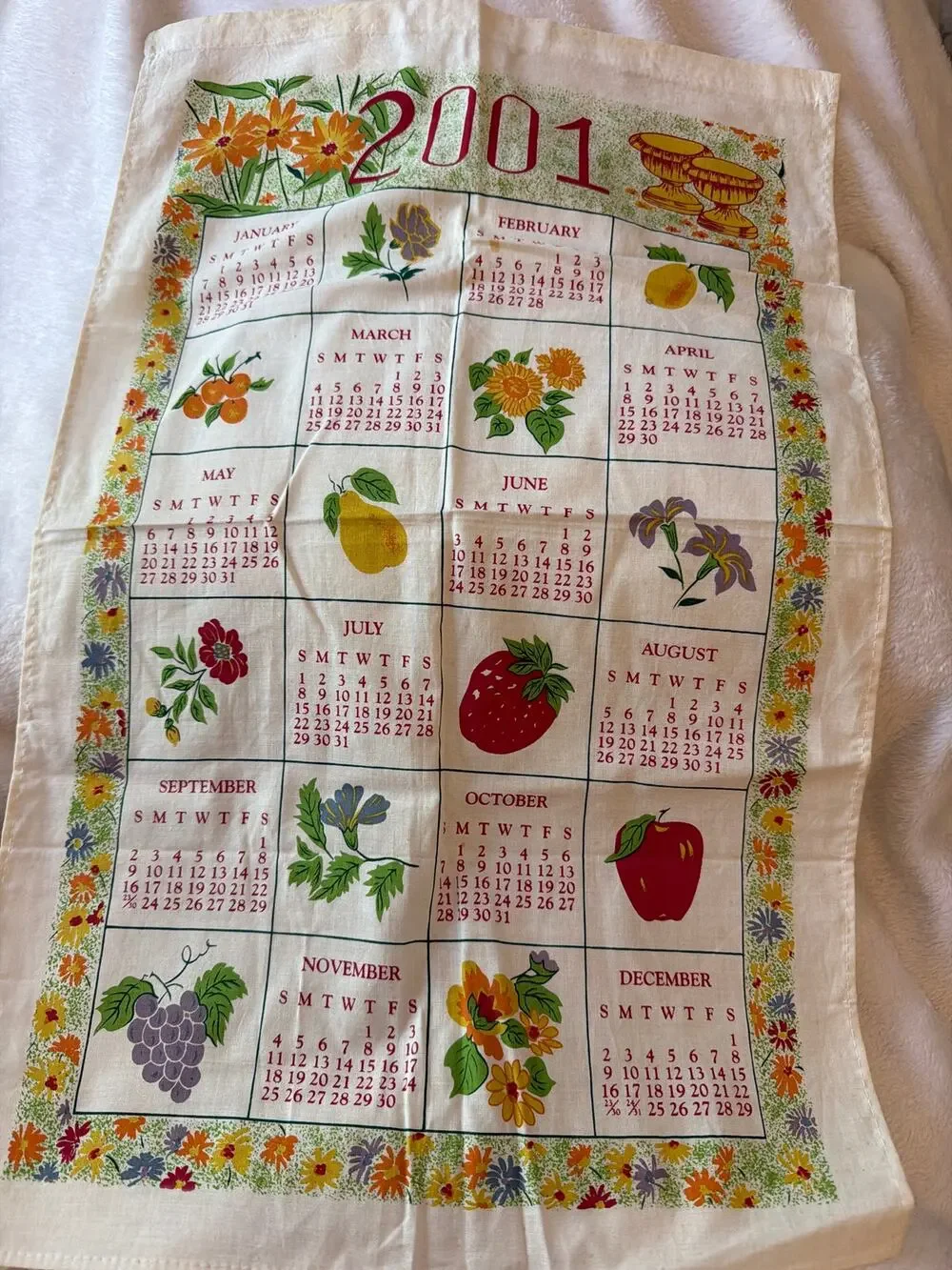 Vintage 2001 Calendar Tea Towel Flowers Fruit Linen Kitchen Wall Hanging Decor